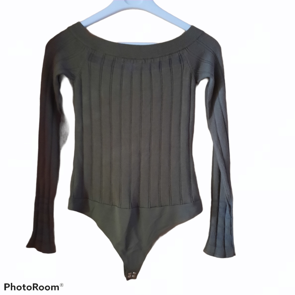 Marled Reunited Illusion Long  Sleeve  Bodysuit Sweater Olive Green Size S New